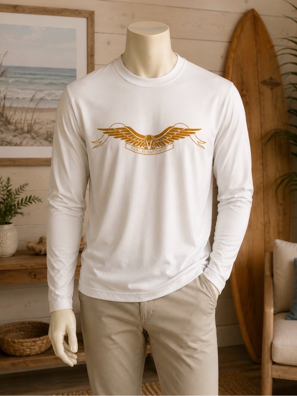 Harley-Davidson White Long Sleeve Tee with Gold Wing Graphic